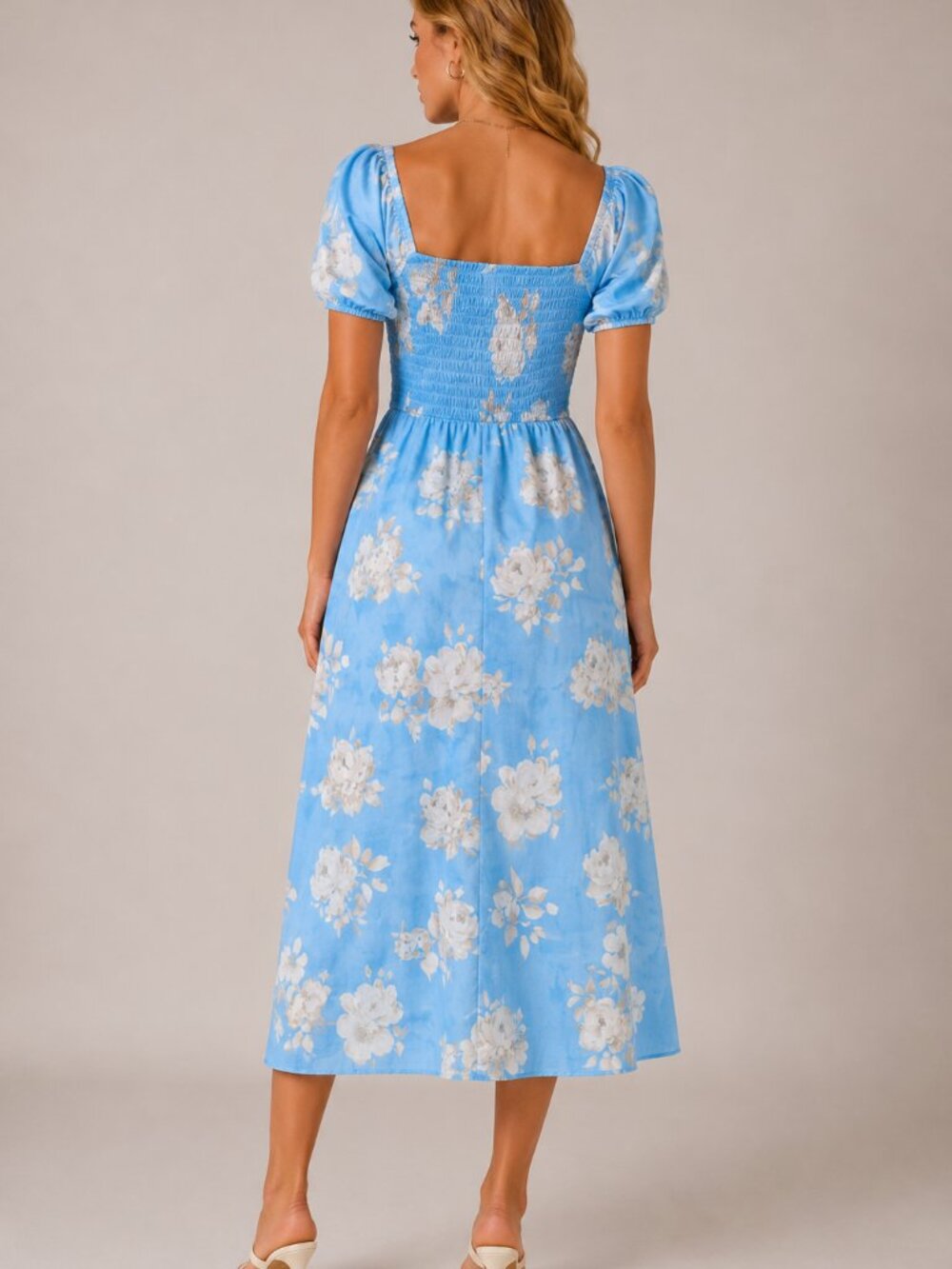 NWT Women's Blue Floral Midi Dress Puff Sleeve Smocked Twist Front A-Line - Picture 2 of 14